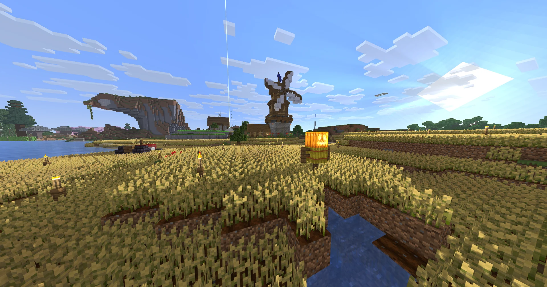 Een windmolen tussen de graanvelden op de MolenCraft Survival-server