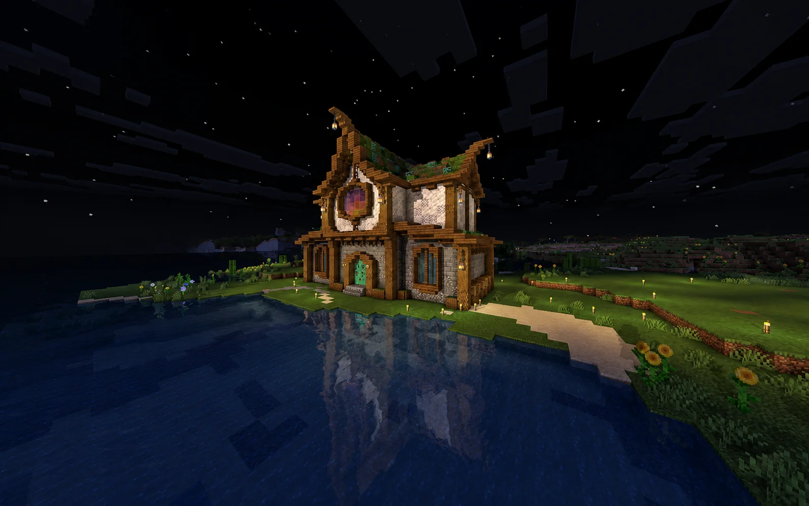 Een gedetailleerd Survival-huis met weerspiegeling in het water
