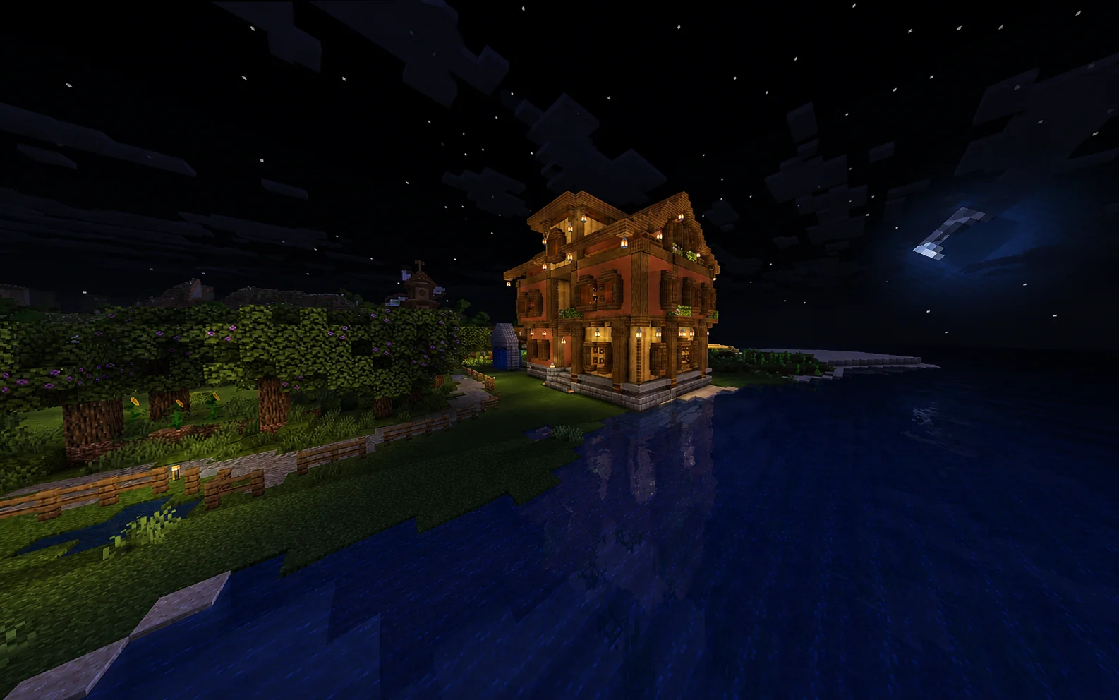 Een verlicht houten huis aan het water op de MolenCraft Survival-server
